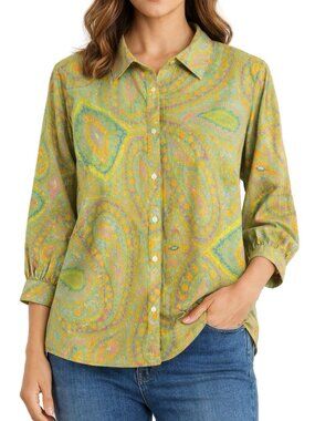 Lauren Ralph Lauren Paisley Cotton Shirt Green Button Front 3/4 Sleeve 1X